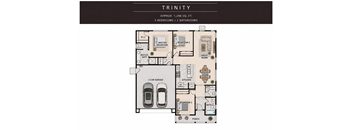 A floor plan for a property named Trinity, showing a master bedroom, two bedrooms, a garage, and a kitchen.