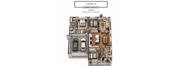 A floor plan of a trinity apartment with 3 bedrooms and 2 bathrooms.