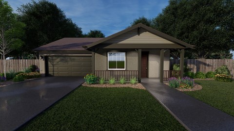 A house with a brown roof and a garage is surrounded by a well-manicured lawn and a sidewalk.