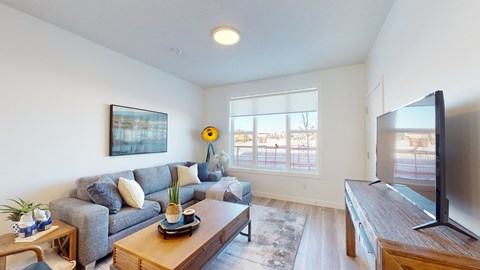 A living room with a grey couch, a wooden coffee table, and a flat screen TV.