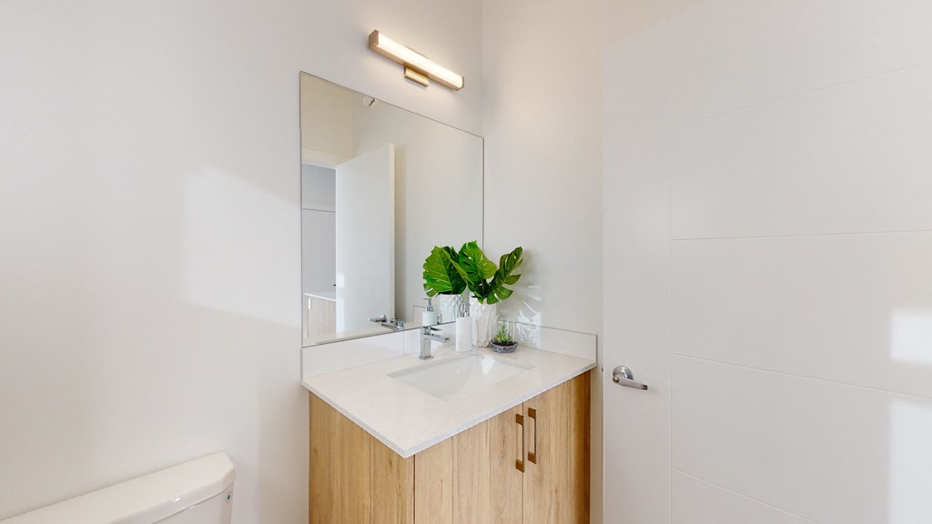 A bathroom with a white countertop and a plant on it.