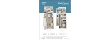 A floor plan for a 2 bedroom apartment with 2.5 bathrooms at Drake Towns.