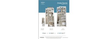 A floor plan for a Madison apartment in Drake Towns, a partners community, showing three bedrooms with their respective sizes.