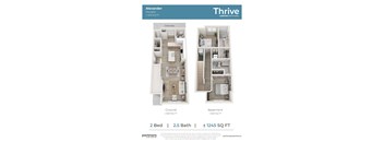 A floor plan for a Thrive apartment community shows a 2 bedroom, 2.5 bath apartment is 1245 square feet.