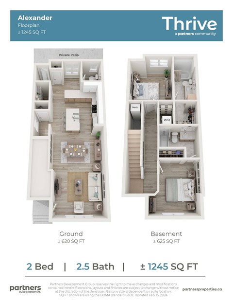 A floor plan for a Thrive apartment community shows a 2 bedroom, 2.5 bath apartment is 1245 square feet.