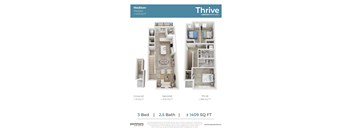 A floor plan for a 3 bedroom, 2.5 bathroom apartment at Thrive.