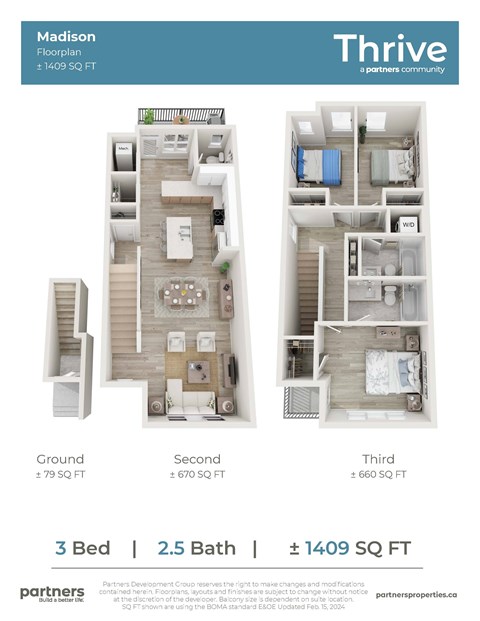A floor plan for a 3 bedroom, 2.5 bathroom apartment at Thrive.