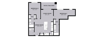 A floor plan of a house with a living room, dining room, two bedrooms, a patio, and a balcony.