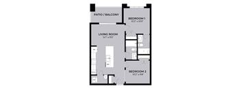 A black and white image of a floor plan for a two bedroom apartment.