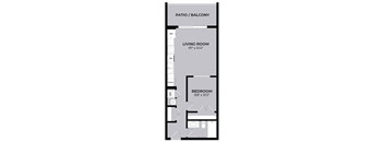 A diagram of a house layout with a living room, bedroom and patio.