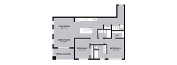 A floor plan of a house with a living room, dining room, two bedrooms, a patio, and a pantry.
