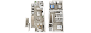 Two floor plan images of a house with a living room, kitchen, and bedrooms.