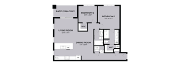 A floor plan of a home with a living room, dining room, two bedrooms, a patio, and a balcony.