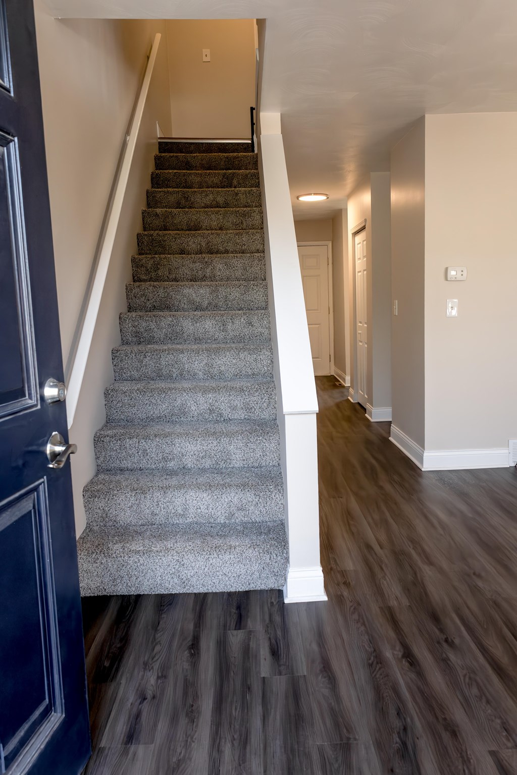 A staircase with a blue door on the left and wooden flooring.