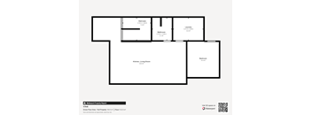 A floor plan of a property with a kitchen, living room, bathroom, and laundry.