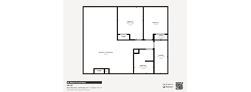 A floor plan of a property with a living room, two bedrooms, a bathroom, a laundry room, and a cloakroom.
