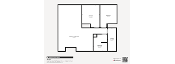 A floor plan of a property with a kitchen, living room, and two bedrooms.
