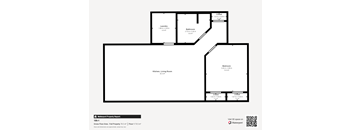 A floor plan of a property with a kitchen, living room, bathroom and two bedrooms.