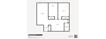 A floor plan of a property with a living room, kitchen, bathroom and two closets.