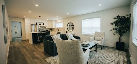 A modern living room with a kitchen area in the background.