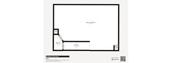 A floor plan of a kitchen and living room with a staircase.
