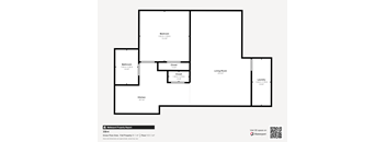 A floor plan of a property with a kitchen, bathroom, laundry, and two bedrooms.