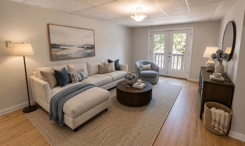 A living room with a couch, chair, and a painting on the wall.
