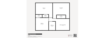 A floor plan of a property with a bedroom, living room, kitchen, dining room and closets.