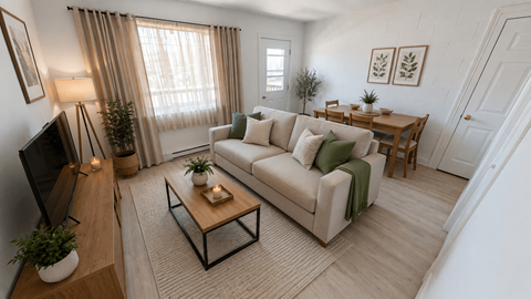 A living room with a white couch, a coffee table, and a television.
