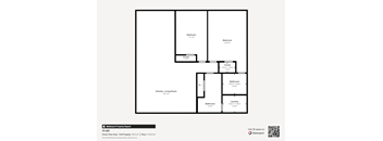 A floor plan of a property with a kitchen, living room, two bathrooms and two bedrooms.