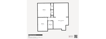 A floor plan of a property with a kitchen, living room, and two bedrooms.