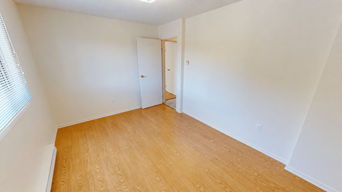 A room with a wooden floor and a door.