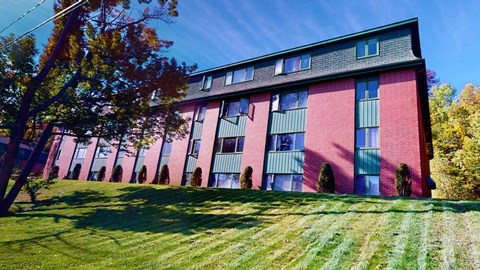 A red brick building with green shutters and a tree in front.