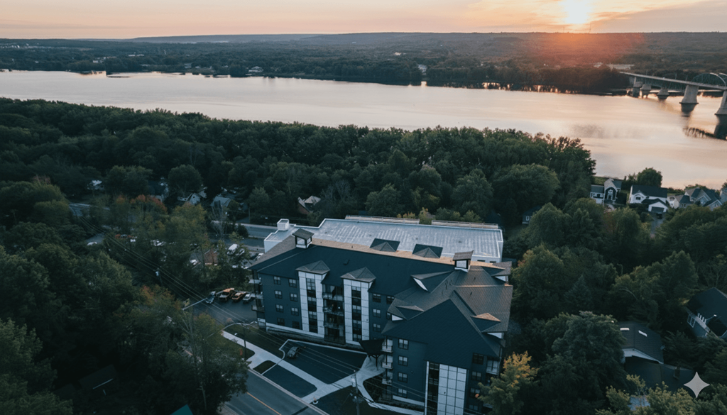 A large building with a white roof is surrounded by trees and overlooks a body of water.