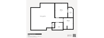 A floor plan of a property with a kitchen, living room, two bathrooms and two closets.