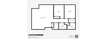A floor plan of a property with a kitchen, living room, two bedrooms, a laundry room, and two bathrooms.