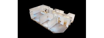 A white modern house with a kitchen, living room, and bedrooms.