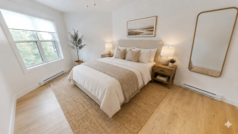 A bedroom with a large bed, a small tree, and a mirror on the wall.