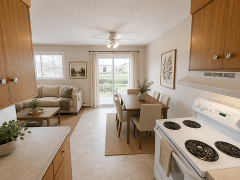 A kitchen with a stove, table and chairs.