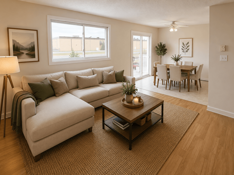 A living room with a white couch, a coffee table, and a dining table with chairs.