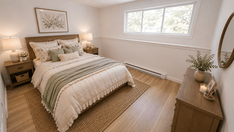 A bedroom with a large bed and a wooden nightstand.