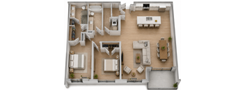 A top-down view of a house interior with a kitchen, living room, and dining area.