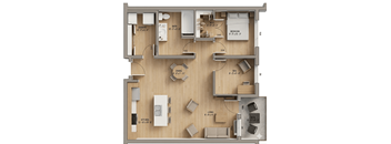 A floor plan of a small apartment with a kitchen, living room, bedroom, and bathroom.