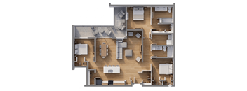 A top-down view of a modern apartment layout with various furniture pieces.