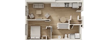 A dollhouse living room with a white sofa and a wooden table.