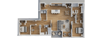 A detailed 3D floor plan of a house layout.