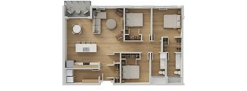 A top-down view of a house layout with a kitchen, living room, and bathrooms.