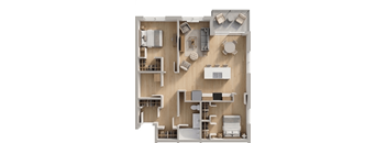 A 3D floor plan of a small apartment with a kitchen, living room, and bathroom.