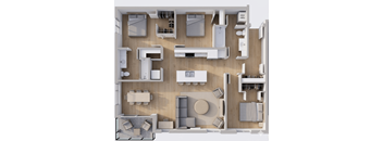 A 3D rendered image of a modern apartment layout.