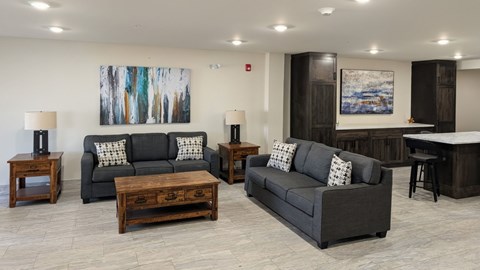 A living room with a grey couch and a painting on the wall.